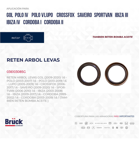 RETEN (1.6 LTR) CIGUEÑAL ARBOL BOMBA ACEITE POLO LUPO GOL CROSSFOX SAVEIRO SPORTVAN IBIZA VENTO